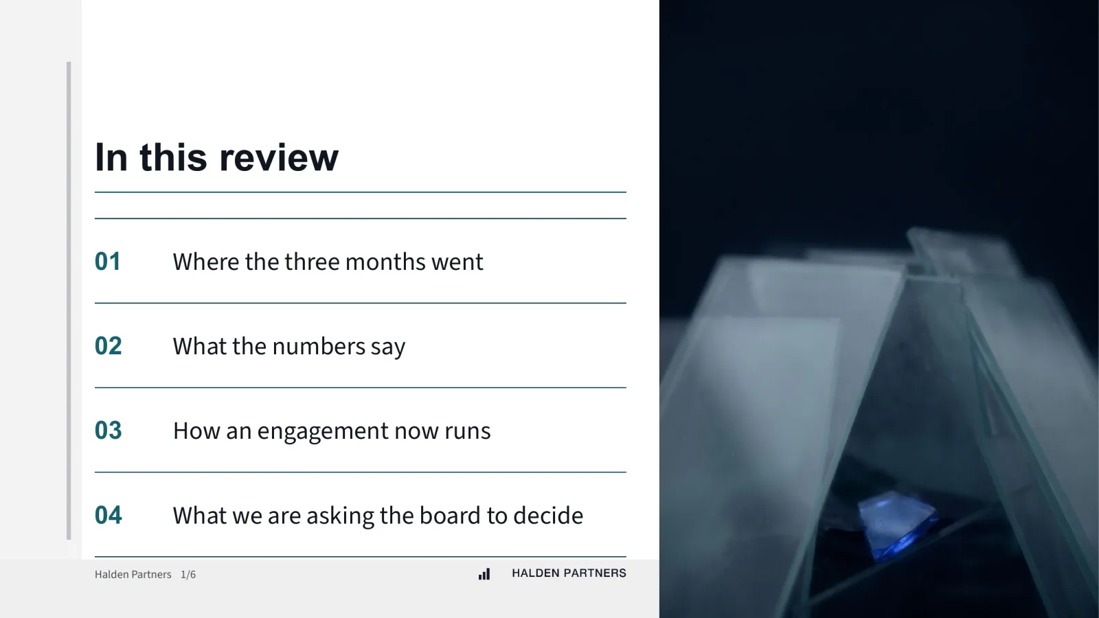 A numbered agenda on white, four rules and four lines, numerals set in the firm's teal.