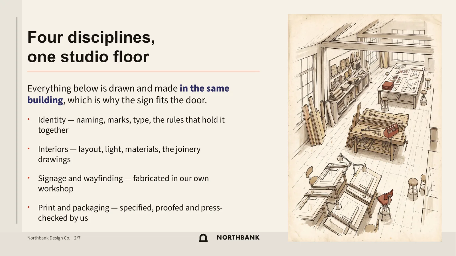 "Four disciplines, one studio floor", with a hand-drawn view down the studio beside it: drawing boards, a joinery bench stacked with timber, a shelf of material samples and a table of printed proofs, all in one room.