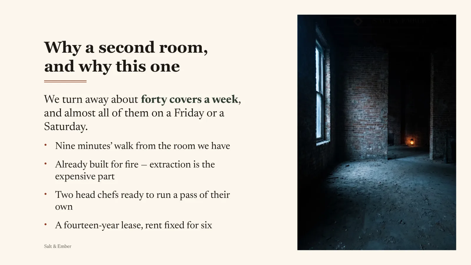 A magazine-measure slide titled "Why a second room, and why this one", with a standfirst and four short points in two columns.