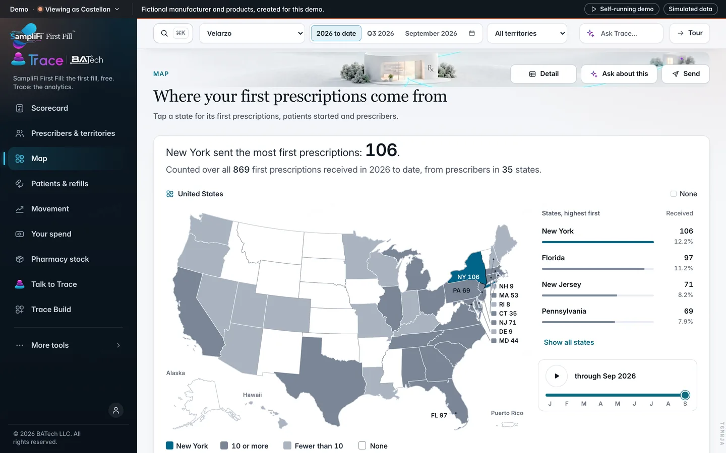 The Trace map: where first prescriptions came from, state by state, shown with demo data