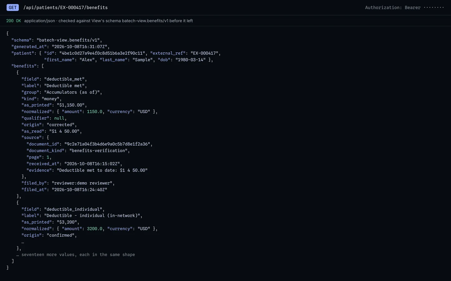 View's benefits API: a request for one patient's benefits and the JSON record that comes back, each value with its source document and page, checked against View's versioned schema before it left. Synthetic data.