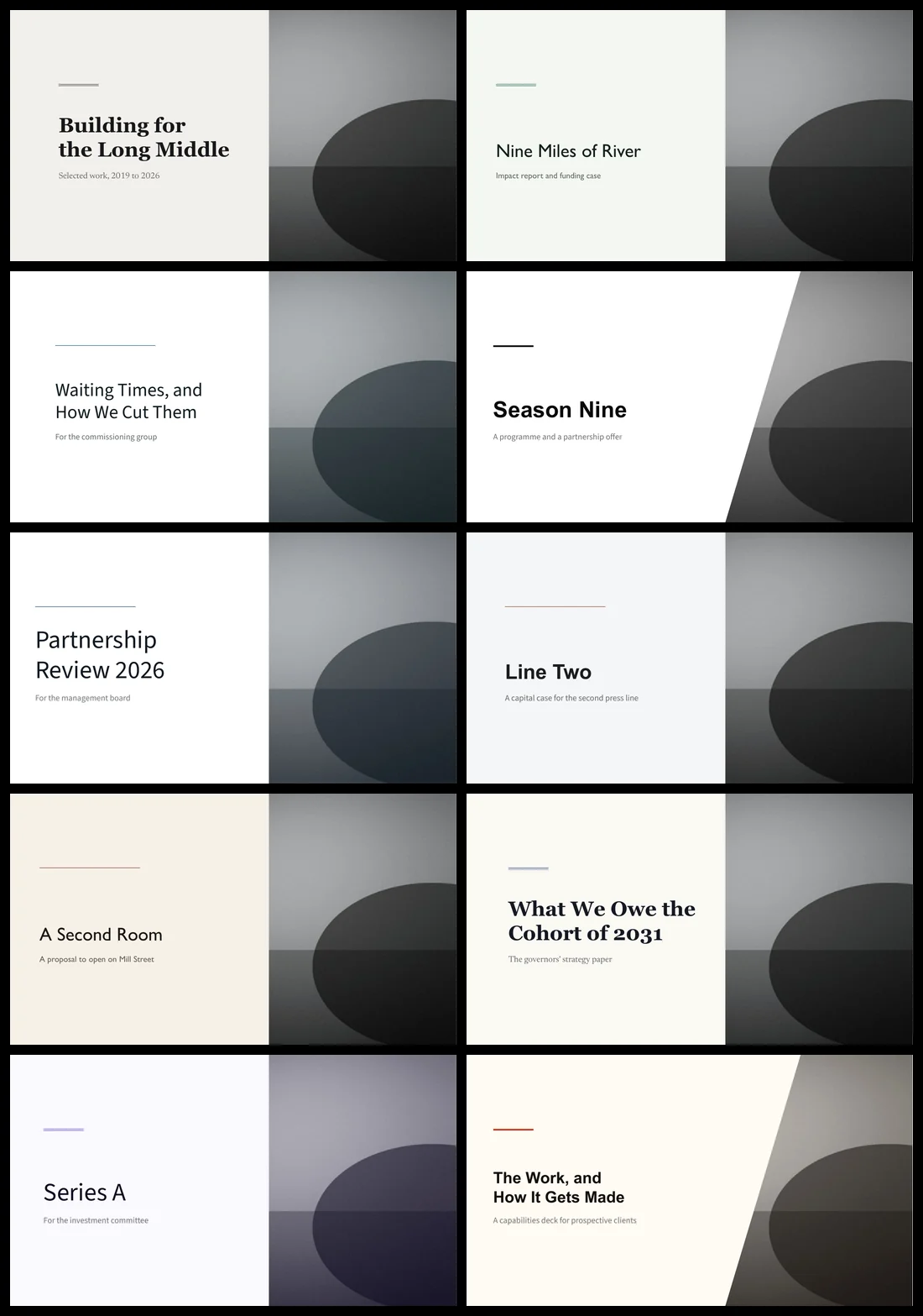 A contact sheet of ten title slides from ten different decks. Every one has the title and a short rule on the left two-thirds and a full-height picture band on the right third. Two of the ten cut that picture on a diagonal; the other eight cut it straight.