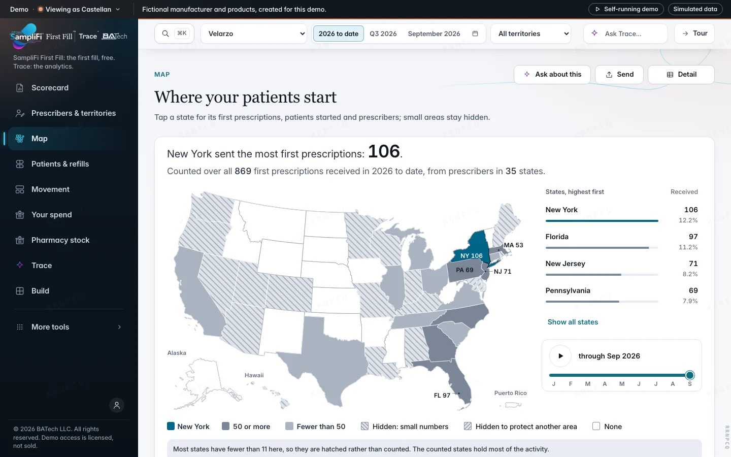 The Trace map: where first prescriptions were received, by state, with small areas hidden, shown with demo data